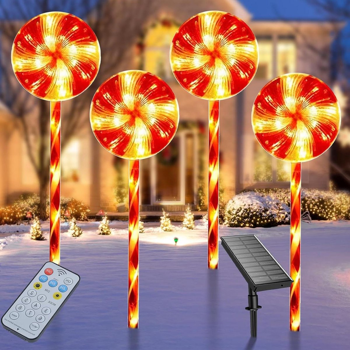 Kerst decoratie buiten Set van 4 kerstsnoepverlichting op zonne-energie - 8 modi - lolly pad - tuin gazon vakantie