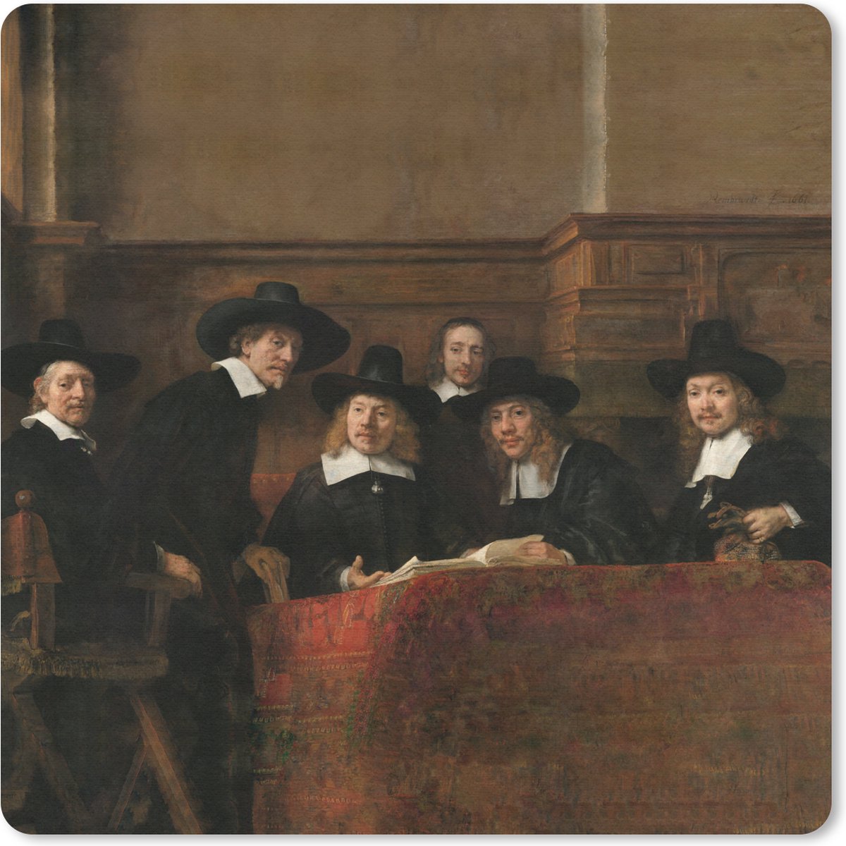 Muismat 30x30 cm - Mousepad De staalmeesters - Schilderij van Rembrandt van Rijn - Muismatten