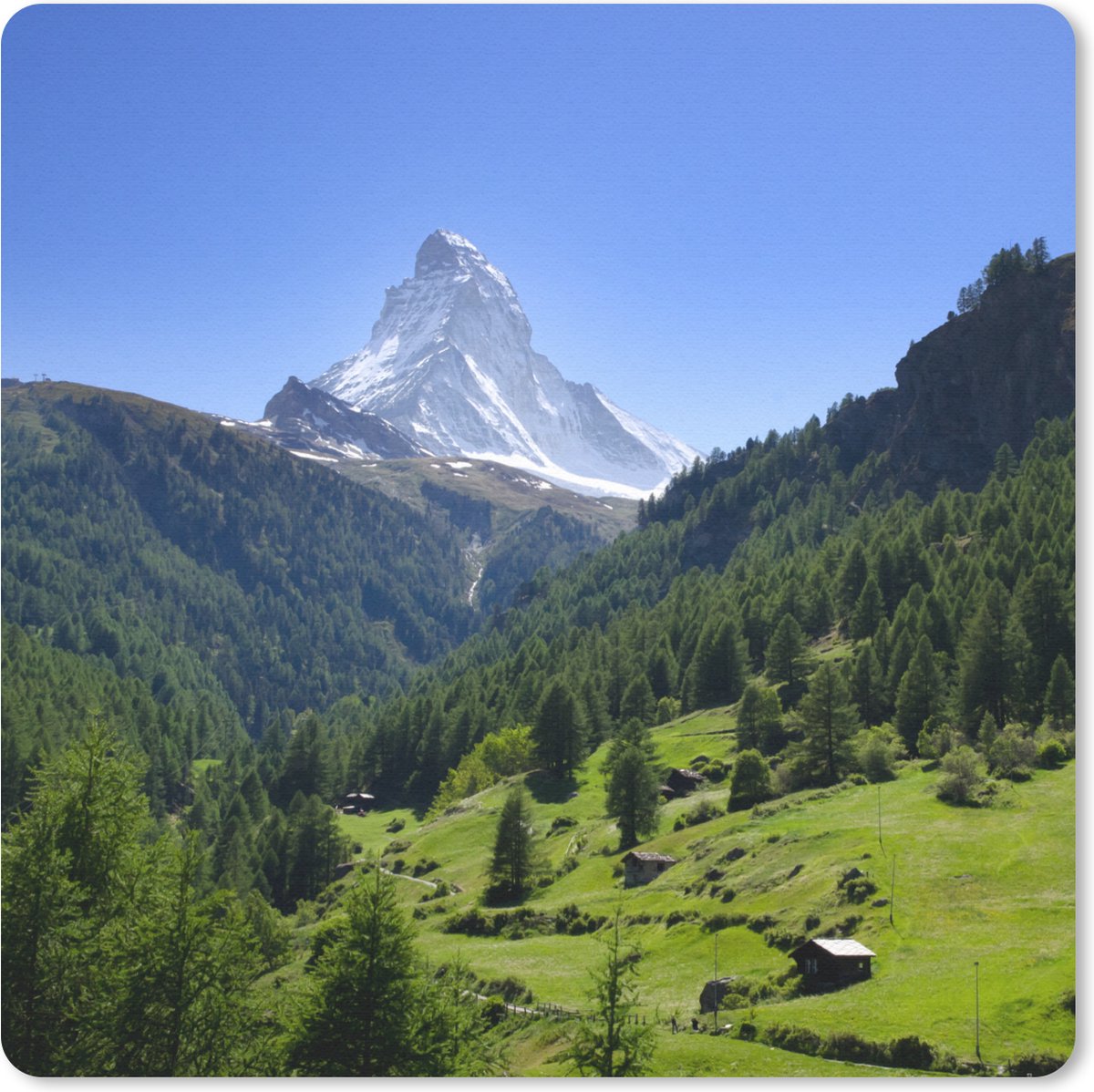 Muismat 20x20 cm - Mousepad Zwitserse Alpen in Matterhorn met groene bomen - Muismatten