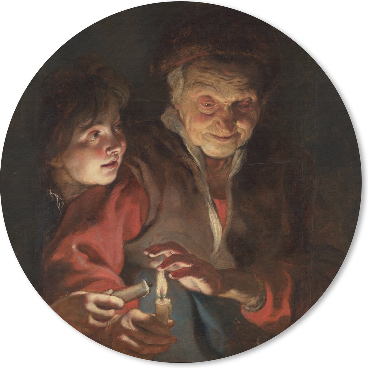 Muismat rond 20x20 cm - Mousepad Oude vrouw en jongen met kaarsen - Schilderij van Peter Paul Rubens - Ronde muismatten