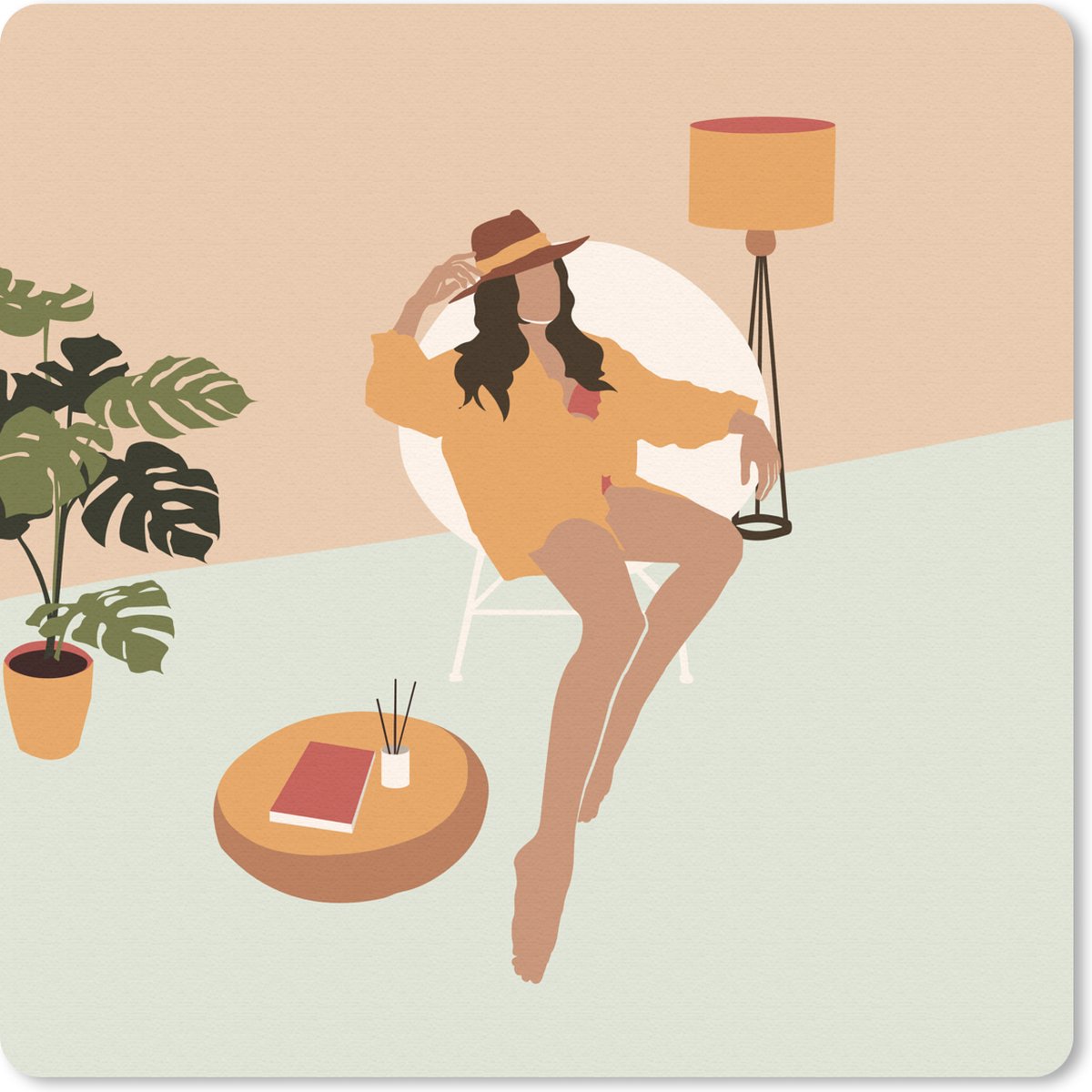 Muismat 20x20 cm - Mousepad Vrouw - Stoel - Hoed - Pastel - Muismatten
