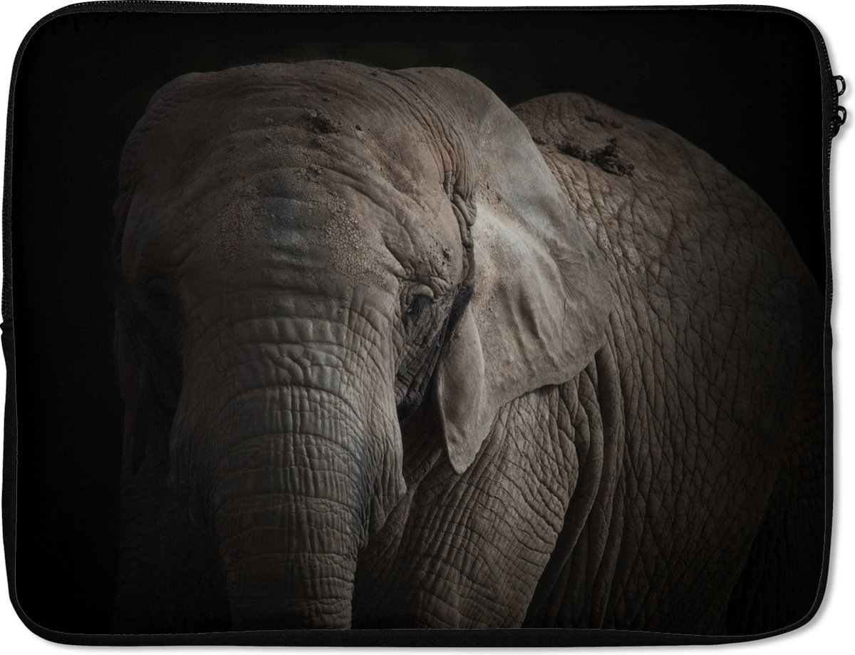 Laptophoes 15.6 inch - Olifant - Portret - Dieren - Zwart - Laptop sleeve - Binnenmaat 37x26 cm - Zwarte achterkant