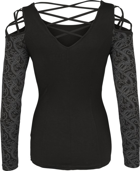 Zwart shirt met lange mouwen en gedessineerde, ingesneden mouwen. De rug heeft een V-uitsnijding met veters.