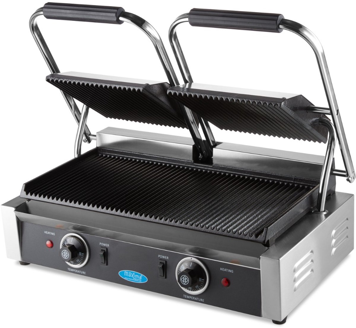 Maxima Contactgrill Gegroefd Dubbele Grillplaat 2 x 22 cm - Gietijzeren bakplaten - Robuuste Contact Grill - RVS