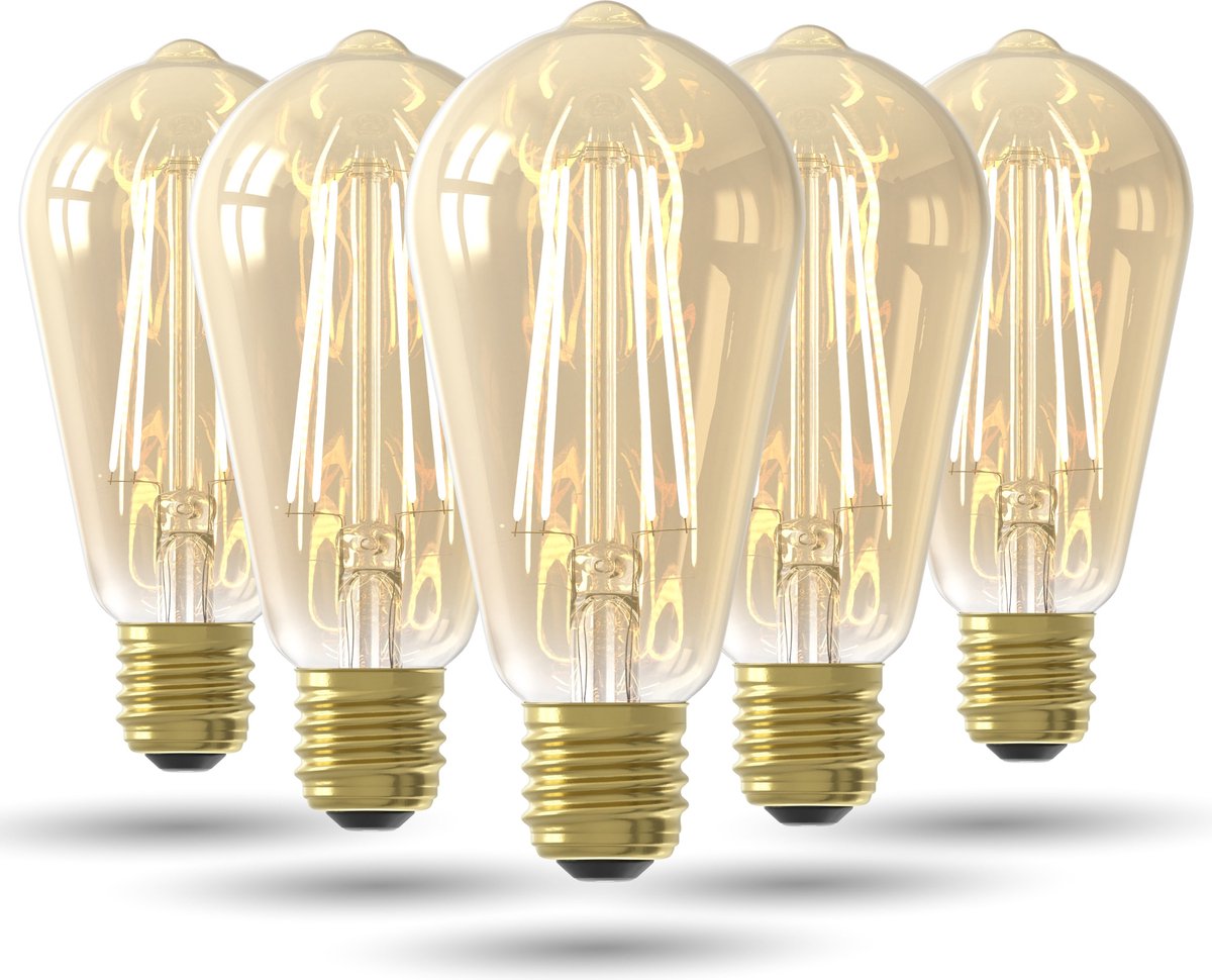 LED Lamp Goud - Set van 5 Stuks, E27, ST64 Goud Straight filament 4.5W 470lm 2100K niet dimbaar