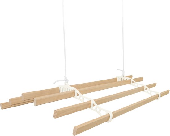 Sèche-linge plafond avec système de poulies en Ivoire, 6 Lattes en bois de 1,8m | Capacité de charge de 30 kg | Kit de montage GRATUIT | Étendoir suspendu pour Vêtements