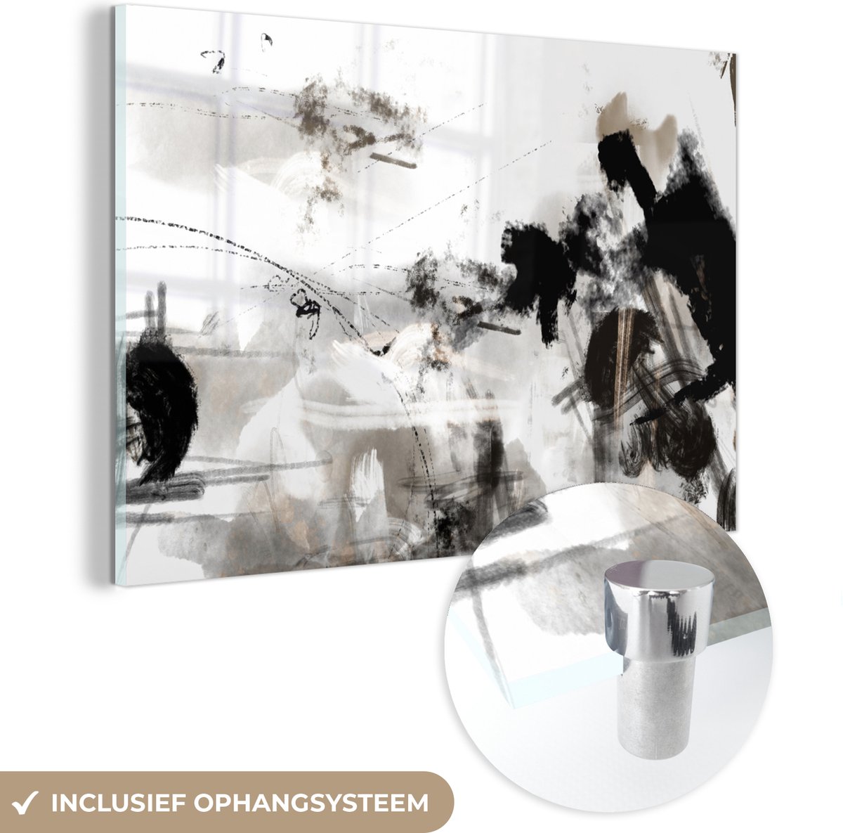 MuchoWow® Glasschilderij 30x20 cm - Schilderij acrylglas - Schilderij - Verf - Zwart wit - Kunst - Foto op glas - Muurdecoratie woonkamer - Wanddecoratie slaapkamer - Schilderijen