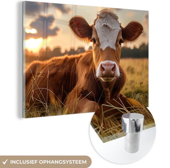 MuchoWow® Tableau sur verre 120x80 cm - Tableau sur verre acrylique - Vache - Animal - Prairie - Herbe - Animaux - Nature - Photo sur verre - Décoration murale salon - Décoration murale chambre - Peintures