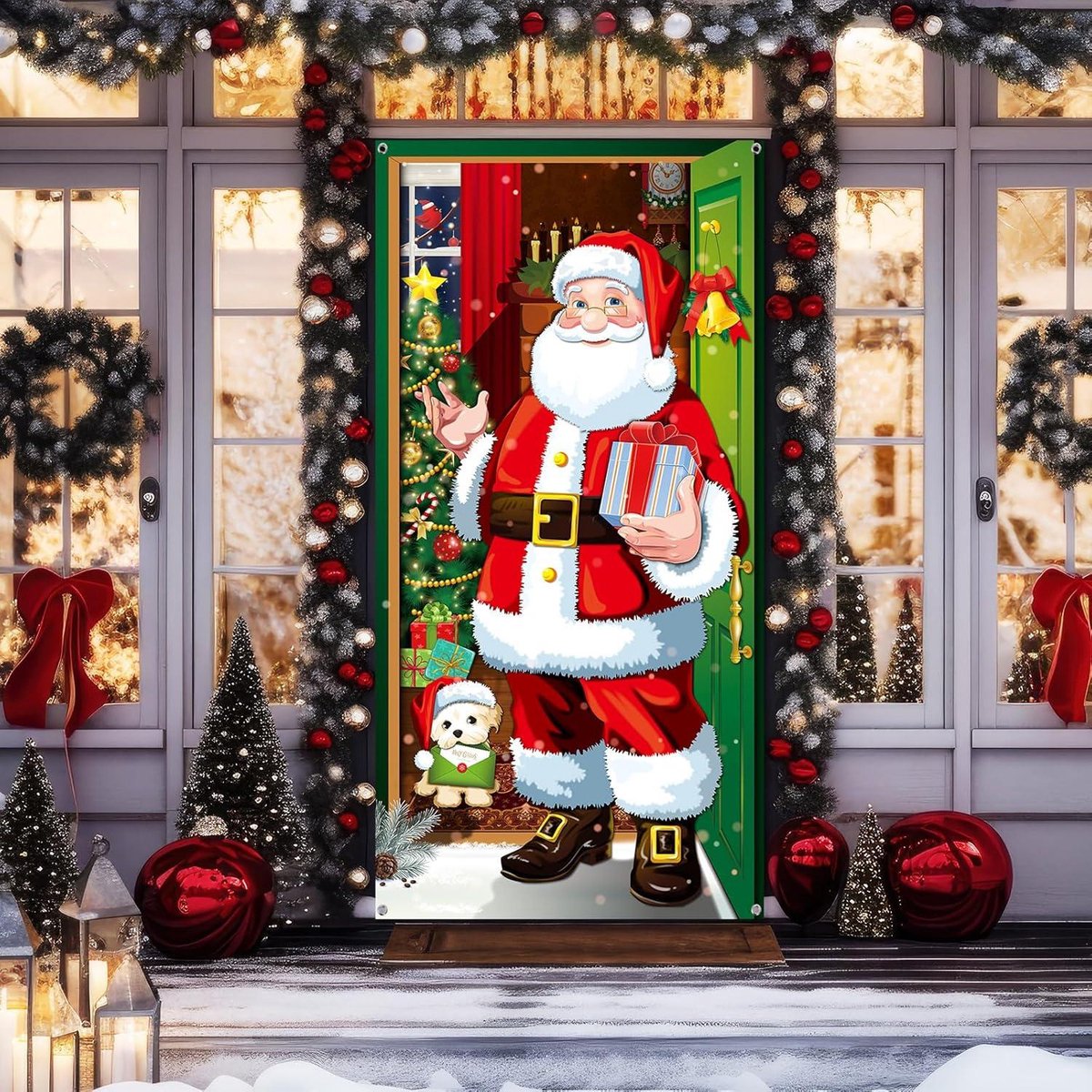 Bannière De Porte Noël 200x90 Cm - Père Noël Et Renne - Tissu Polyester - Pour Intérieur Ou Extérieur