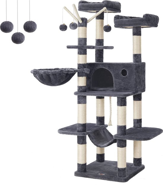 PawHut Kattenkrabpaal met kattenmand, 132 cm, kattenboom met hangmat, speelbal, mand, klimboom voor katten tot 4,5 kg, sisal, grijs
