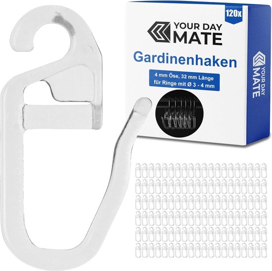 200 stuks overcliphaken met 6 mm oogje, transparante gordijnhaken, vouwhaken voor gordijnringen, gordijnhaken, gordijnclips, gordijnhaken
