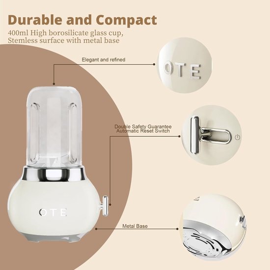 Draagbare Glazen Blender met Roestvrijstalen Behuizing - 400ml Mini Blender voor Smoothies, Sappen & Milkshakes — afbeelding 4