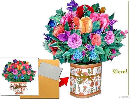 Popcards pop-up kaart – vrijstaand boeket: Rozen, Tulpen, Anjers, Blauwe Druifjes en een Vlindertje pop-up kaarten 3D wenskaart