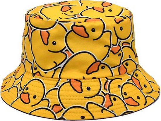 Gele bucket hat met vrolijke, cartoonachtige badeendjesprint.