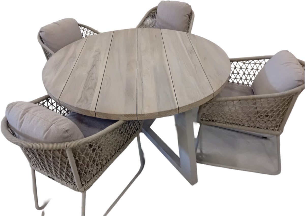 Yoi - Tuinset Dylan tafel Linen, teak dia. 140 cm met 4 stoelen Bar...