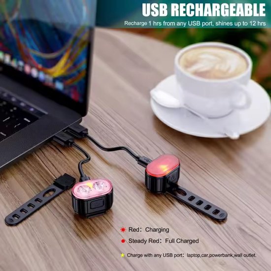 ADsys Fietslamp Set - Fietsverlichting - Voorlicht en Achterlicht - Fiets Koplamp - LED Fietslampjes Rood en Wit - Waterdicht - USB-C Oplaadbaar — afbeelding 2