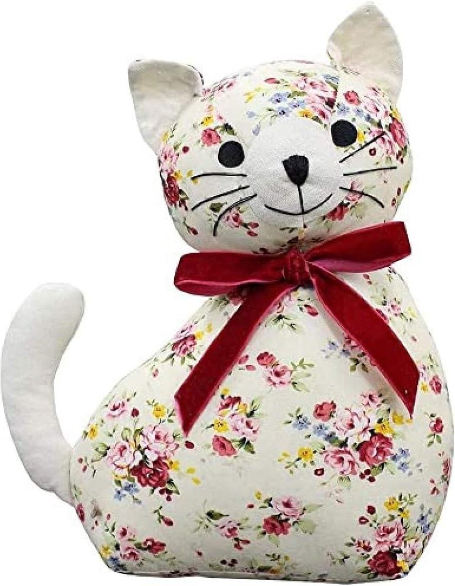 Floral Cat Novelty Deurstop met Witte Bloemenprint - Zwaargewicht Zand en Polyester Vulling - 100% Katoen - 18 x 10 x 24cm - Ontworpen in het Verenigd Koninkrijk
