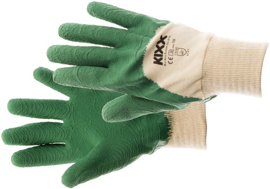 Kixx tuinhandschoenen in de kleur groen met beige boord en matenindicatie.