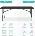 Zwarte klaptafel in de modus 'binnen' en 'buiten' met iconen voor feest, evenement, strand, terras, keuken, garage, tuin en park.