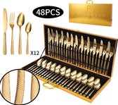 HomeBerg Couverts gravée 48 pièces - Or - 12 personnes - Ménagère en or - Couteau Fourchette Cuillère - Passe au lave-vaisselle - Couverts de table - BRILLANT