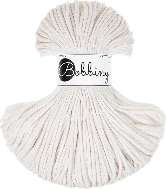Bobbiny Junior gevlochten koord 3 mm in gebroken wit met papieren band.