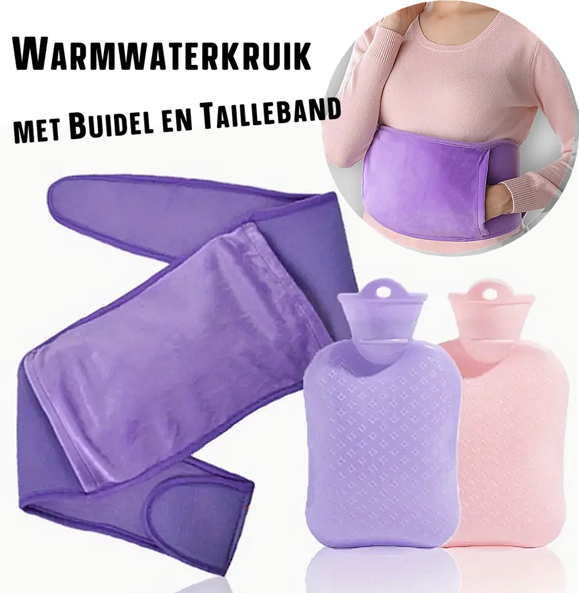 Goedkoopste Allernieuwste.nl® Warmwaterkruik met Buidel en Tailleband - Voor Buik- Rug- Nek- en Menstruatiepijn voor Volwassenen en Kinderen 110x19cm Lila