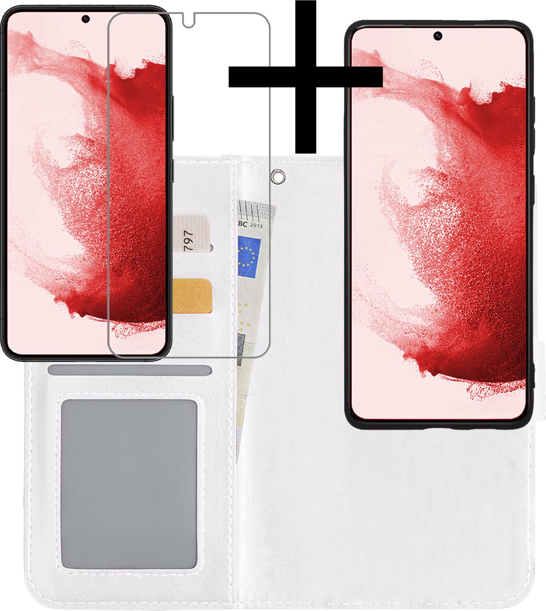 Hoesje - 2 in 1 - Geschikt voor Samsung Galaxy S22 Plus - Met Screenprotector - En Uitneembare Hard Cover - Bookcase - Wallet Case - Met Pasjeshouder - Book Case - Uitneembaar - Pashouder - Kunstleer - Wit