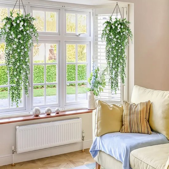 Allernieuwste.nl® Set de 3 Plantes artificielles suspendues avec Fleurs Witte pour terrasse et balcon - Résistant aux UV - 80 cm %%