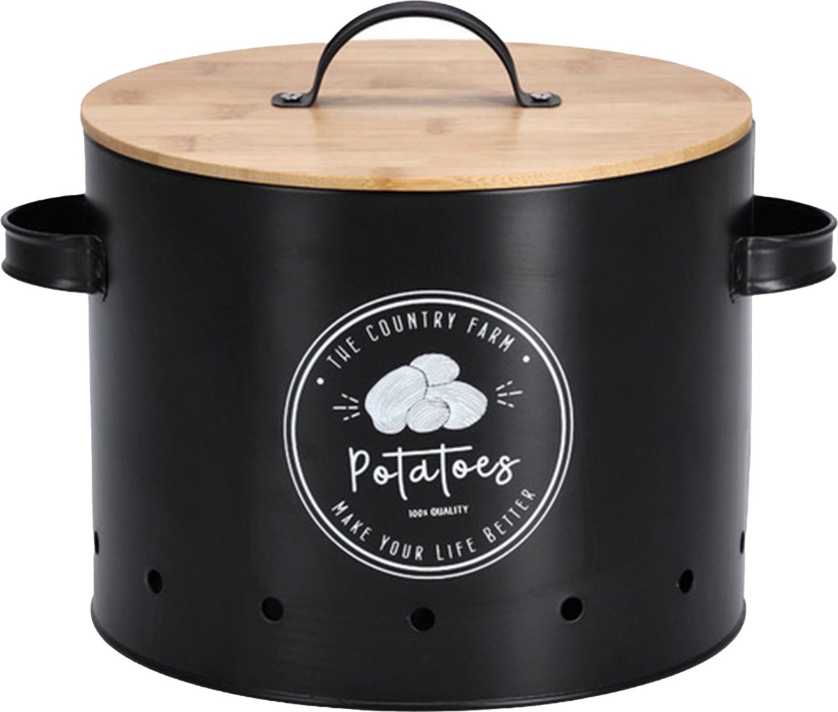 Zeller Aardappel bewaar pot/blik - metaal/hout - zwart - 18 x 28 cm - voorraad pot