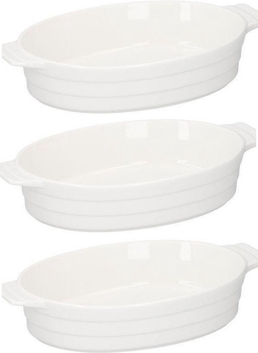 Ovenschaal - 3x - ovaal - keramiek - 31 x 18,5 cm - wit - braadslede