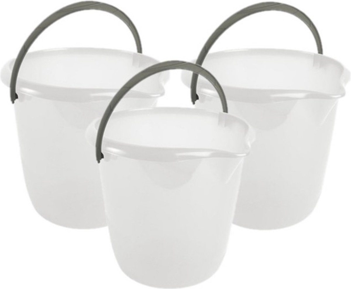 Hega Hogar Emmer - 3x stuks - wit - kunststof - met handvat - 10 liter - 28 x 26 cm
