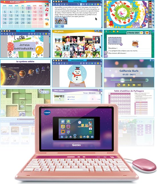 VTech Genio Max - Ordinateur éducatif Enfant 5-12 Ans, écran 7, Clavier AZERTY, Souris, 60 Activités, Sécurisé (Rose Métal) Cadeau Fille 5 Ans
