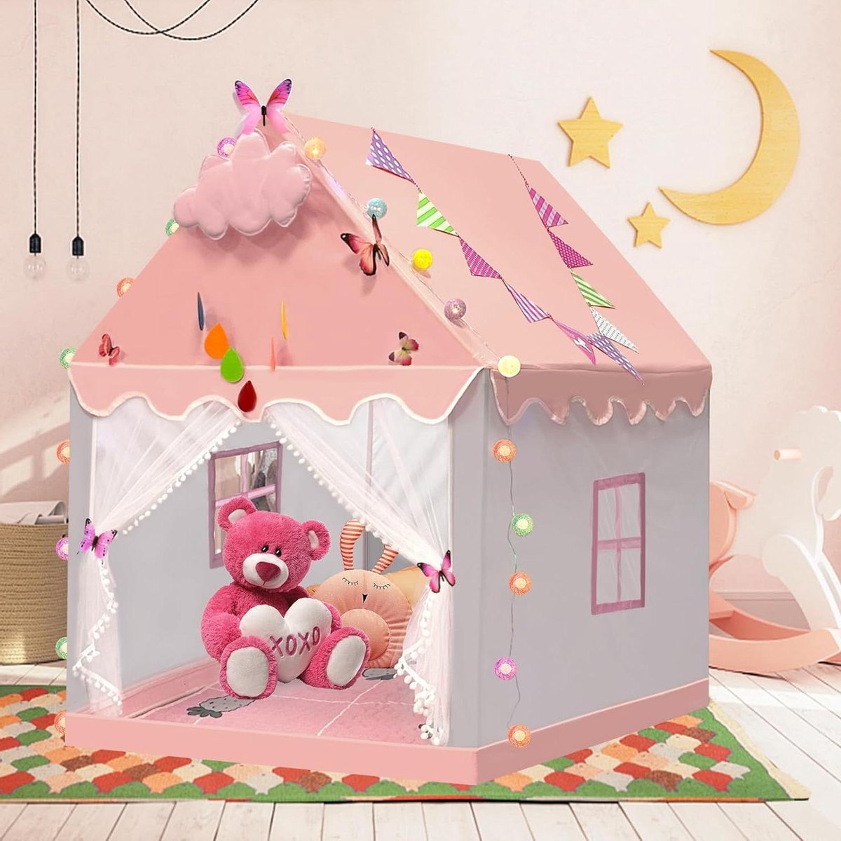 Speeltent Large Indoor Children's Tent with Starlights and Mat Banner for Children Play Tent- Bed Tent Room Decoration Indoor Outdoor Reading Tent 130 x 120 x 100 cm Princess Tent with Windows