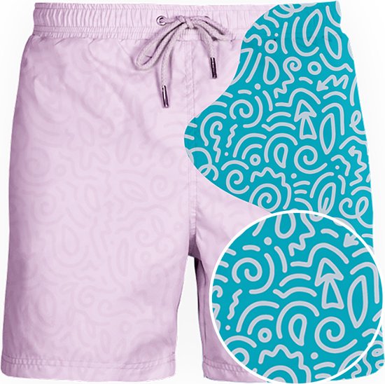 Jongens zwembroek, links roze met subtiel patroon, rechts turquoise met wit doodle-patroon.