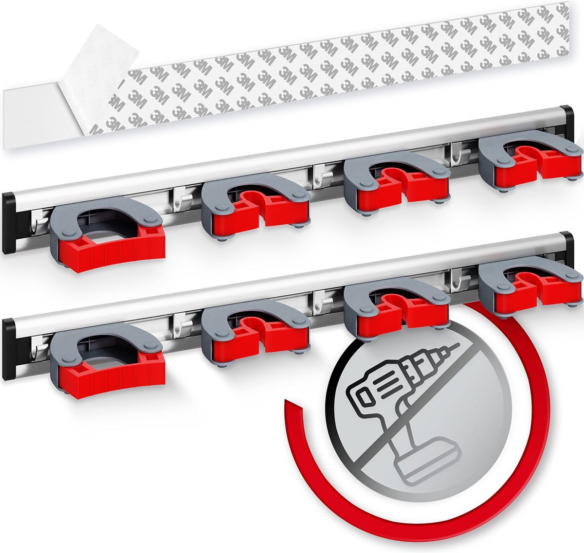 Goedkoopste GARLAVIE bezemhouder muur zelfklevend 4 houders en 5 haken - ophangsysteem bezem - ophangsysteem tuingereedschap zonder boren - 2x