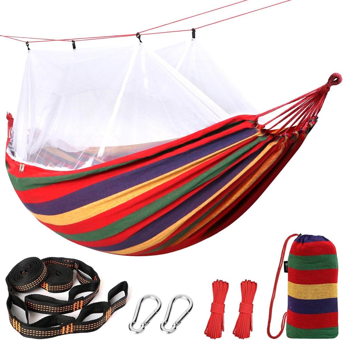 Katoenen hangmat met klamboe en boombanden - ademende mesh hangmat voor buiten - camping wandelen backpacken.