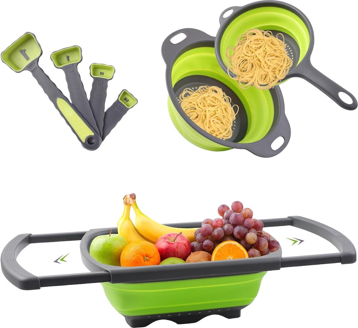 Opvouwbare vergiet set uitschuifbare handgrepen keukenzeef pasta groentefruit maatlepels