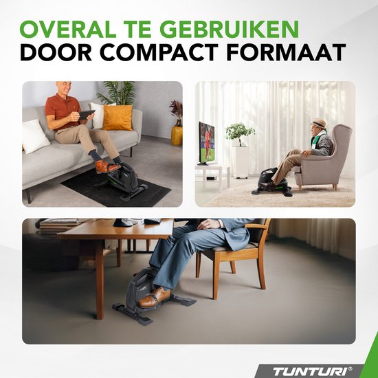 Collage van drie beelden: man op bank met hometrainer, man in fauteuil met hometrainer, man aan bureau met hometrainer. Toont compact en veelzijdig gebruik.