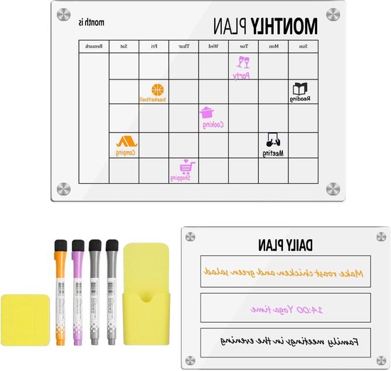 Magnetisch Schoolbord Maandelijks Wekelijks Planner, 2 Duidelijke Koelkast Kalender Whiteboard, Weekplanner, maandplanner, Grote Familie Maaltijd Planner Acryl Sheet Shopping List Pad Menu Memo