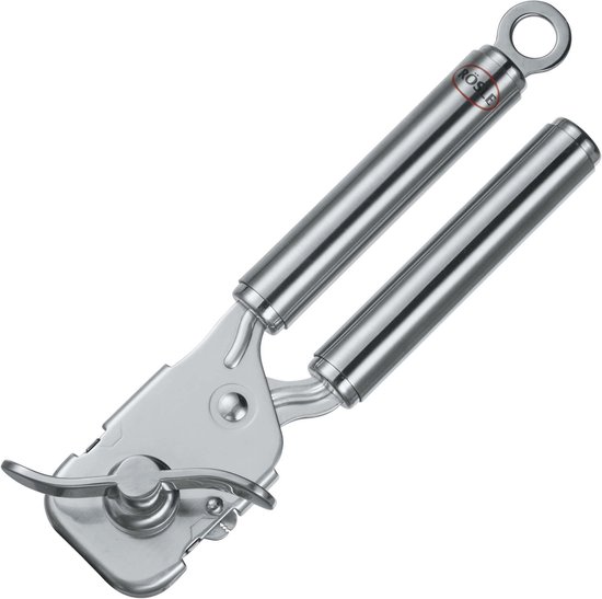 Zilverkleurige Rösle blikopener van roestvrij staal met twee handvatten, draaimechanisme en ophangoog.