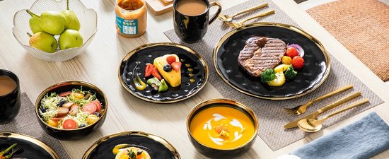 Serviesset - 8 Persoons Servies - Keramiek - Diner- en Dessertborden, Kommen en Kopjes - 32-delige Set - Zwart - Goud