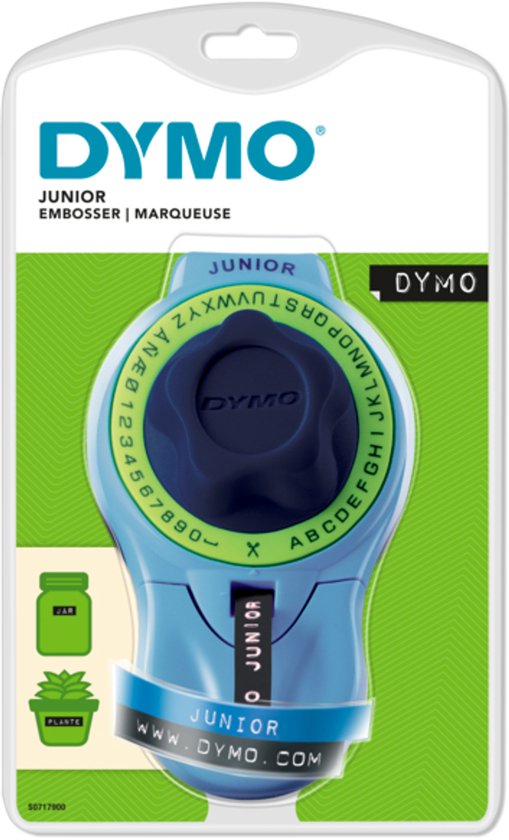 DYMO Junior lettertang in verpakking, lichtblauw met donkerblauwe knop en letters/cijfers wiel.