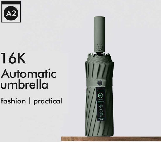 Parablu Parapluie Pliant Coupe-Vent à 16 baleines, Grand Parapluie Pliant à Ouverture Automatique, Coupe-Vent, Parasol UV, Vert foncé