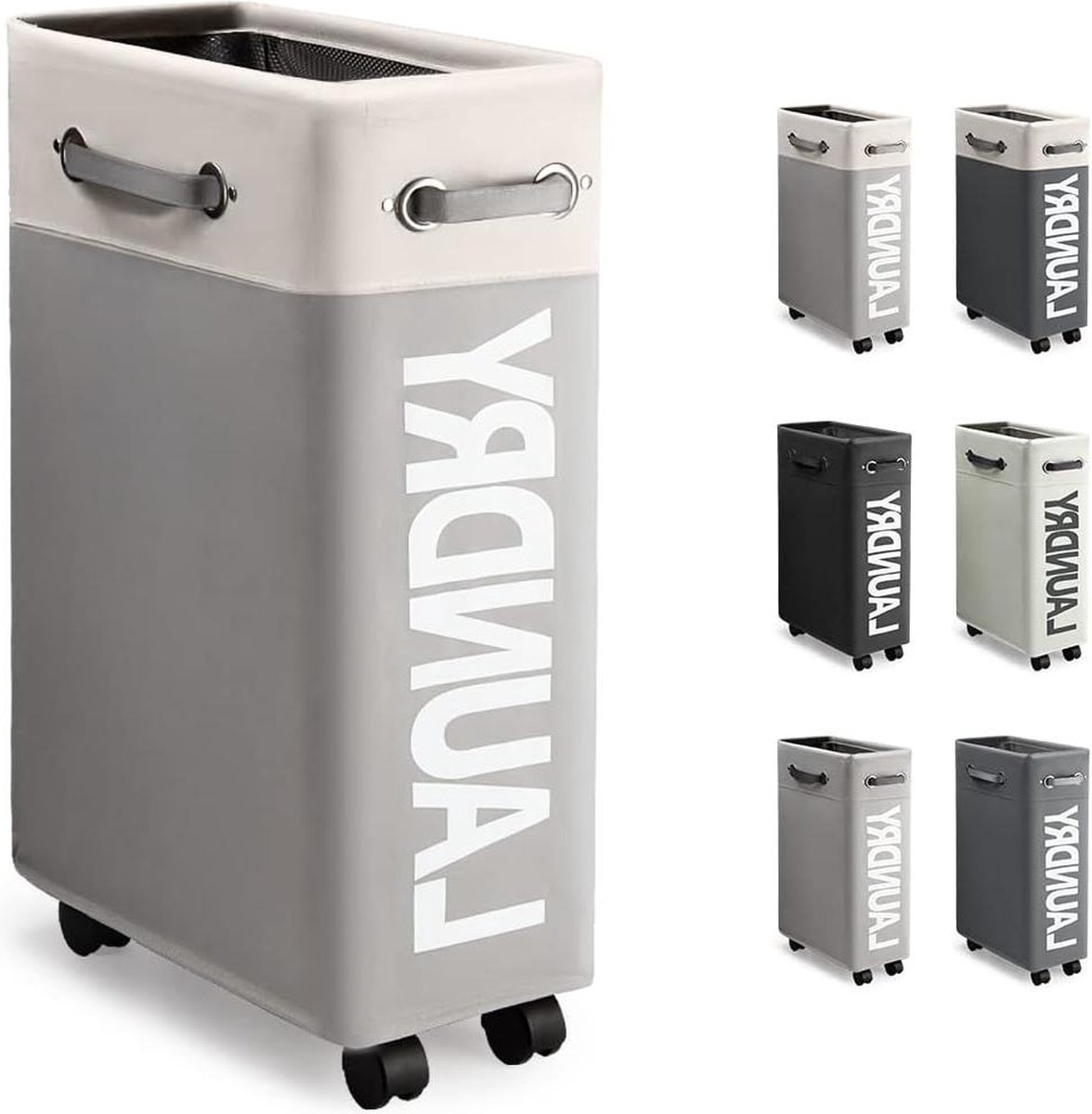 Goedkoopste Inklapbare Wasmand met Wielen - 45L Extra Smal - Opvouwbare Dunne Wasmand - Handvat - Opbergbox - Slaapkamers - Wasruimte - Wit - Lichtgrijs - 02 wassorteerder