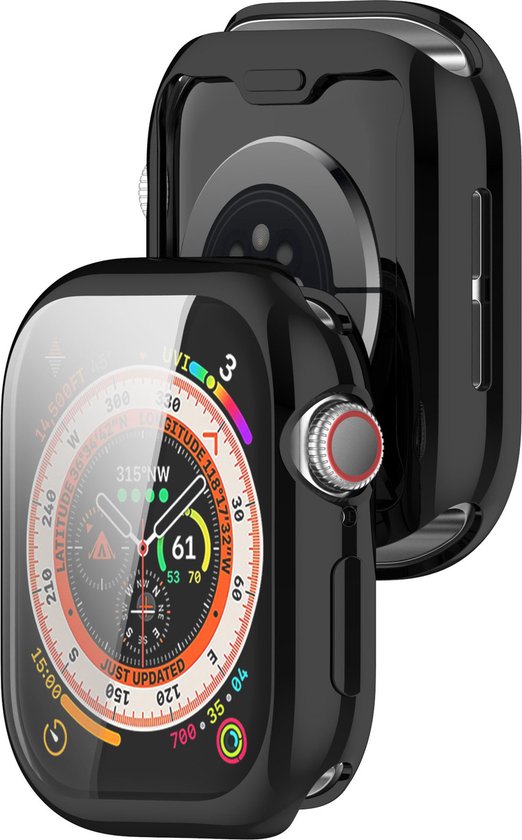Set van twee zwarte TPU hoesjes met glasbescherming voor Apple Watch, één op de voorkant, één op de achterkant.
