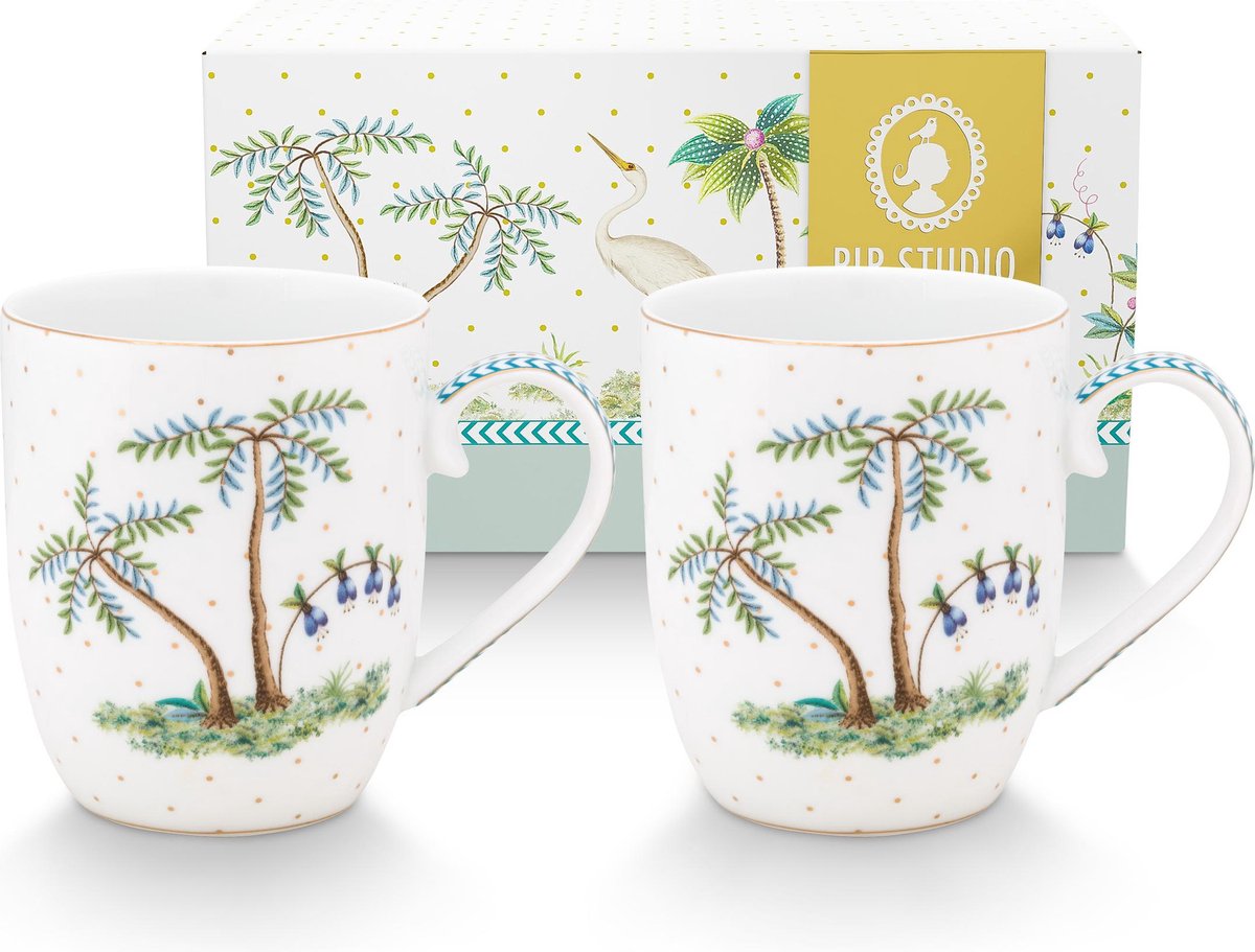 Pip Studio Set van2 mokjes Small Jolie Dots Gold 145ml - 2 senseo mokjes wit met tropische bloemen