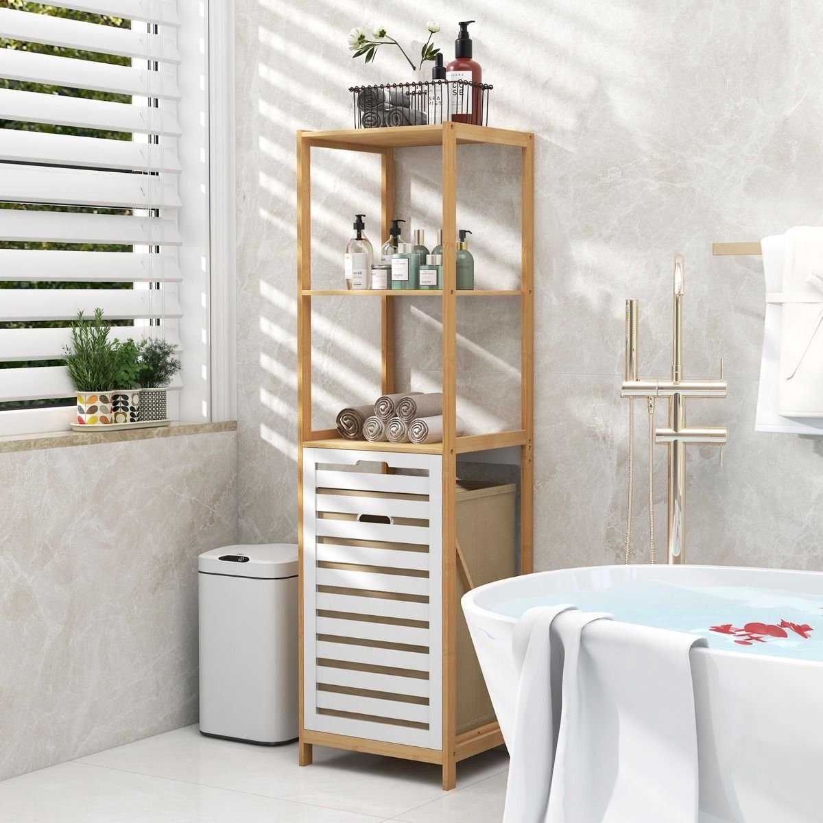 COSTWAY 2-in-1 badkamerplank & wasmand, hoge kast voor de badkamer