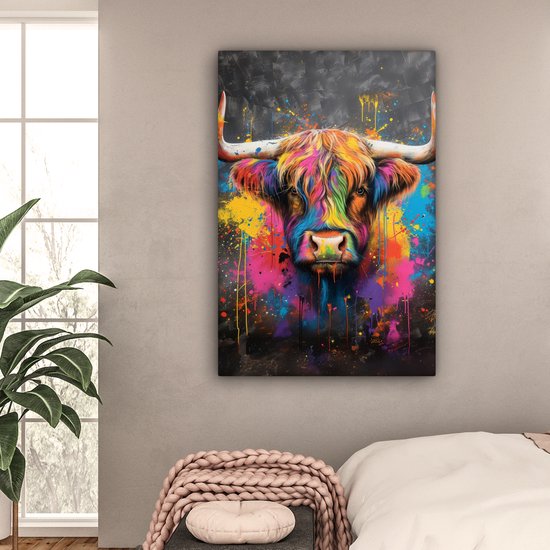 Peinture sur toile 80x120 cm - Décoration murale Graffiti - Highlander écossais - Vache - Coloré - Décoration murale murale salon - Décoration chambre - Accessoires de chambre - Peintures