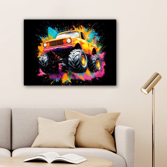 Canvas schilderij 80x60 cm - Wanddecoratie Graffiti - Auto - Monstertruck – Kleurrijk - Muurdecoratie woonkamer - Slaapkamer decoratie - Kamer accessoires - Schilderijen