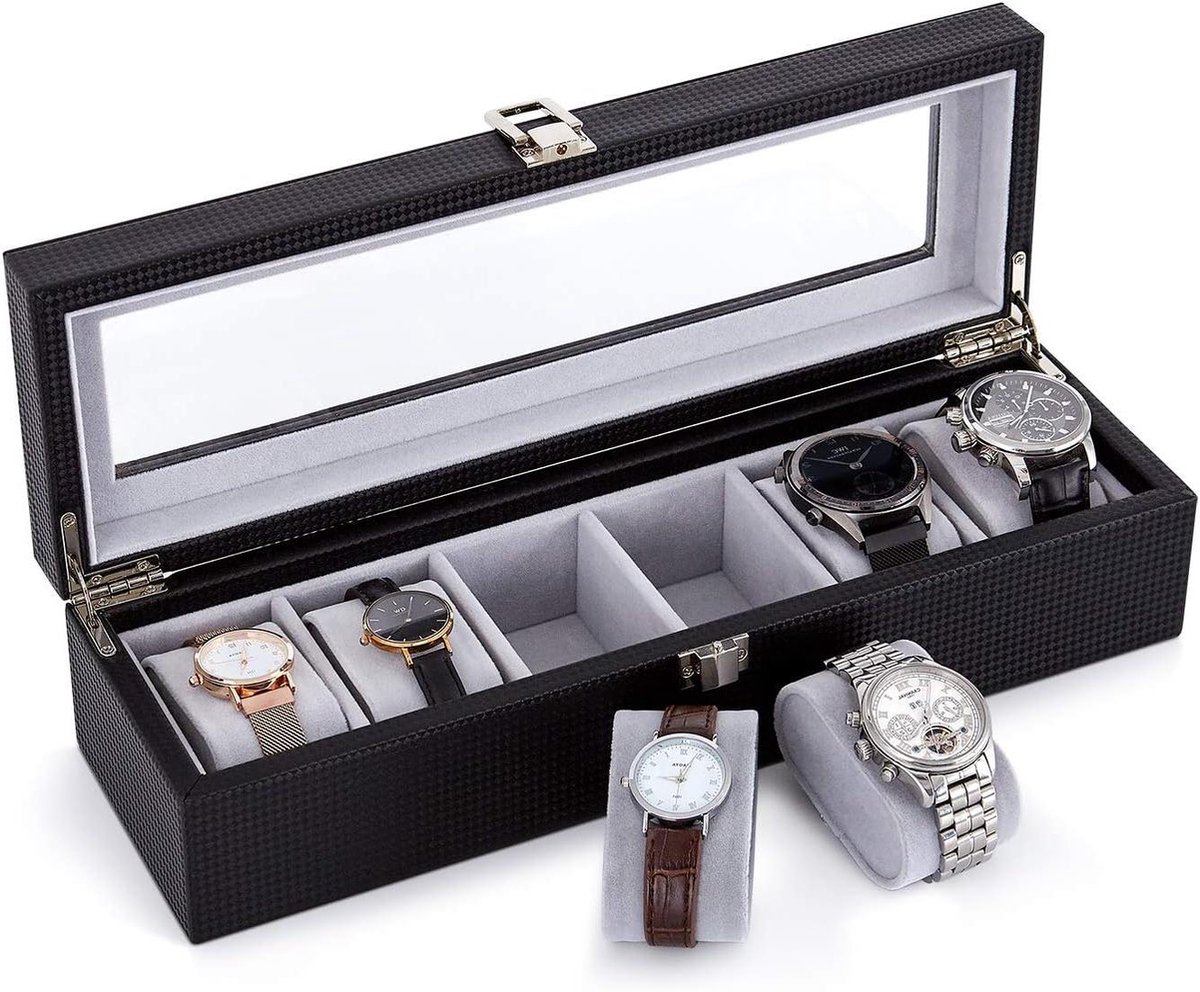 Horloge Display Organizer met Glazen Deksel en Grijs Fluweel - Afsluitbaar - 6 Slots - 34.5x11x8.5cm - Zwart PU Leer